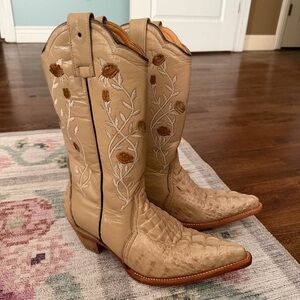 Vintage Rogers Boots Embroidered Floral Tan Western Boots